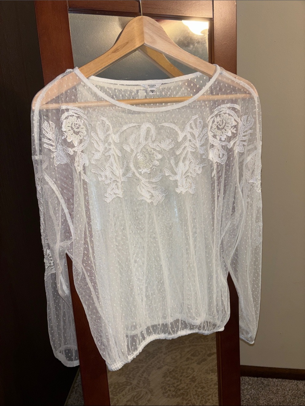 Guess Sheer White Embroidered Beaded Long-Sleeve Top